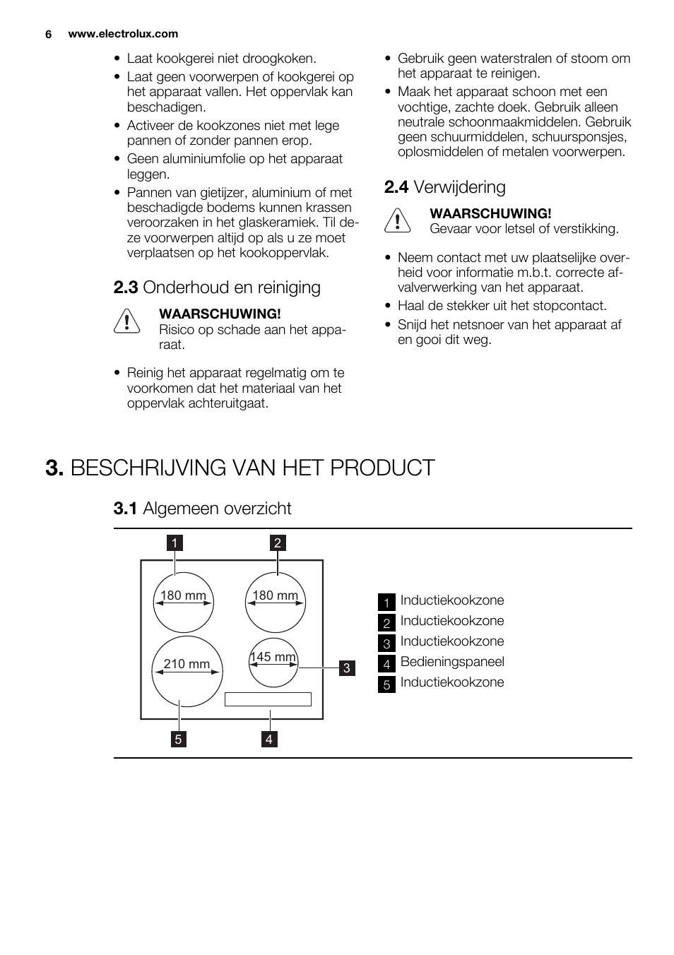 Beschrijving van het product, 3 onderhoud en reiniging, 4 verwijdering | 1 algemeen overzicht | Electrolux EHH6340FOK User Manual | Page 6 / 68