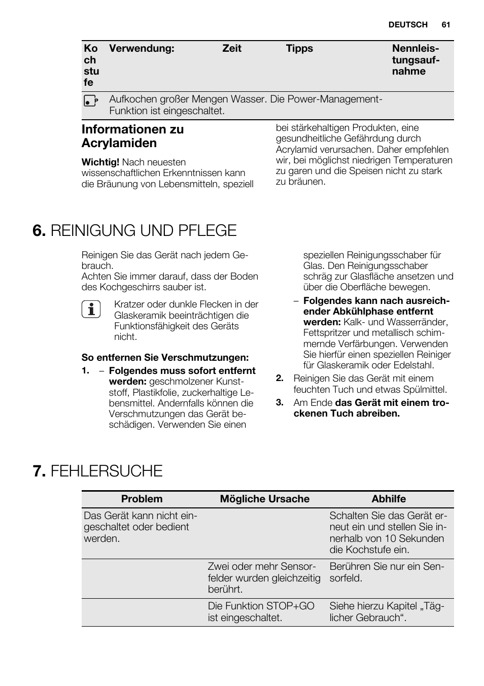 Reinigung und pflege, Fehlersuche, Informationen zu acrylamiden | Electrolux EHH6340FOK User Manual | Page 61 / 68