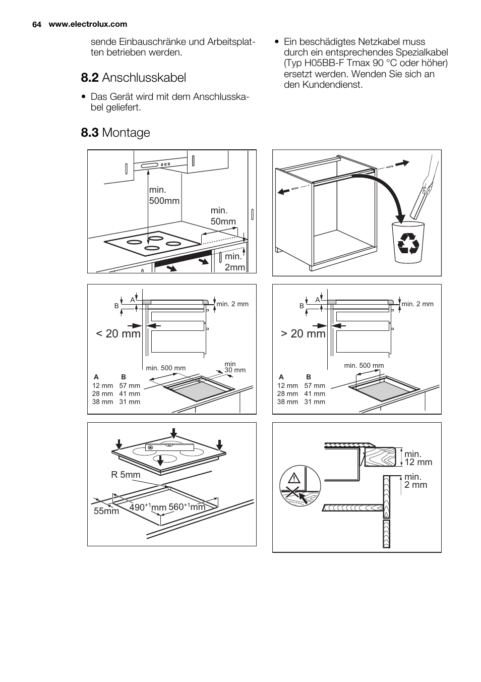 2 anschlusskabel, 3 montage, 20 mm | Electrolux EHH6340FOK User Manual | Page 64 / 68