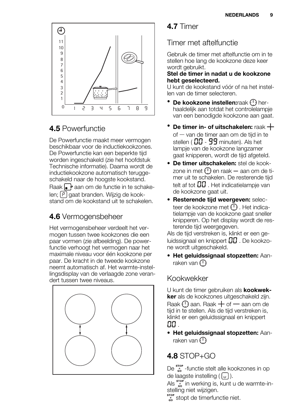 5 powerfunctie, 6 vermogensbeheer, 7 timer timer met aftelfunctie | Kookwekker, 8 stop+go | Electrolux EHH6340FOK User Manual | Page 9 / 68