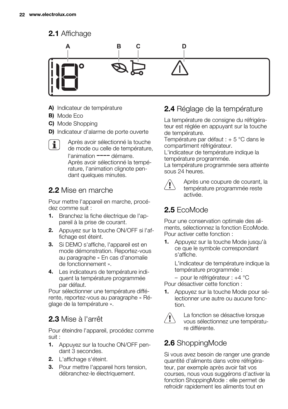 1 affichage, 2 mise en marche, 3 mise à l'arrêt | 4 réglage de la température, 5 ecomode, 6 shoppingmode | Electrolux ERG3093AOW User Manual | Page 22 / 56