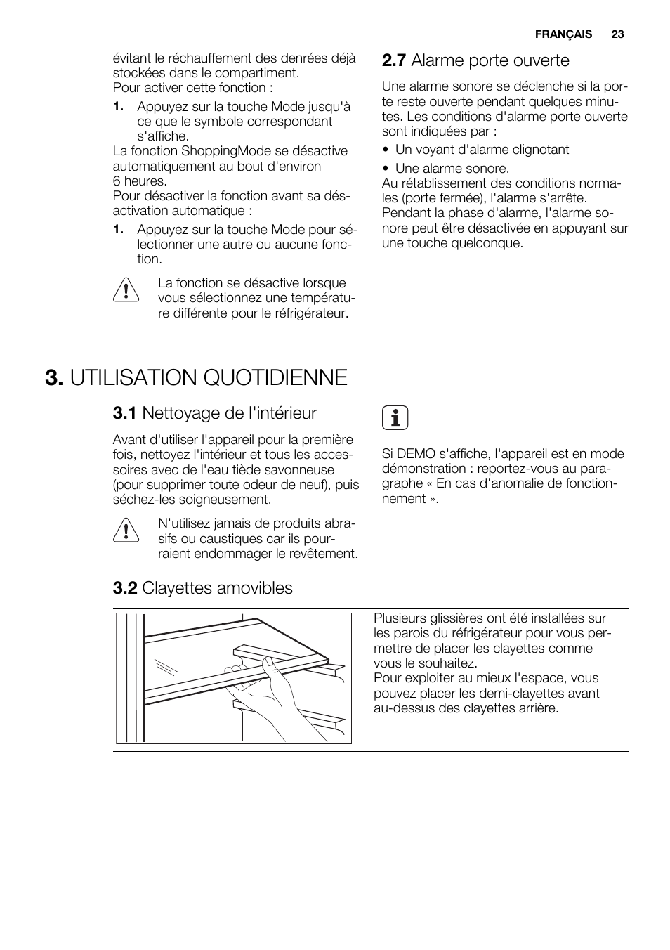 Utilisation quotidienne, 7 alarme porte ouverte, 1 nettoyage de l'intérieur | 2 clayettes amovibles | Electrolux ERG3093AOW User Manual | Page 23 / 56