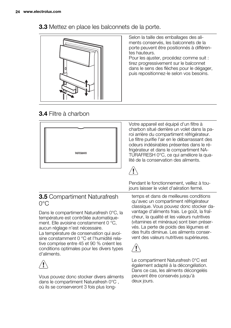 3 mettez en place les balconnets de la porte, 4 filtre à charbon, 5 compartiment naturafresh 0°c | Electrolux ERG3093AOW User Manual | Page 24 / 56