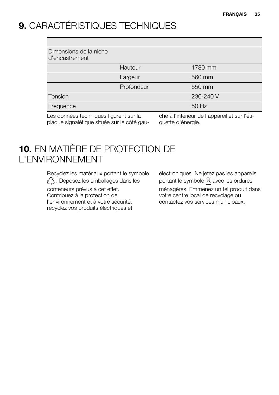 Caractéristiques techniques, En matière de protection de l'environnement | Electrolux ERG3093AOW User Manual | Page 35 / 56