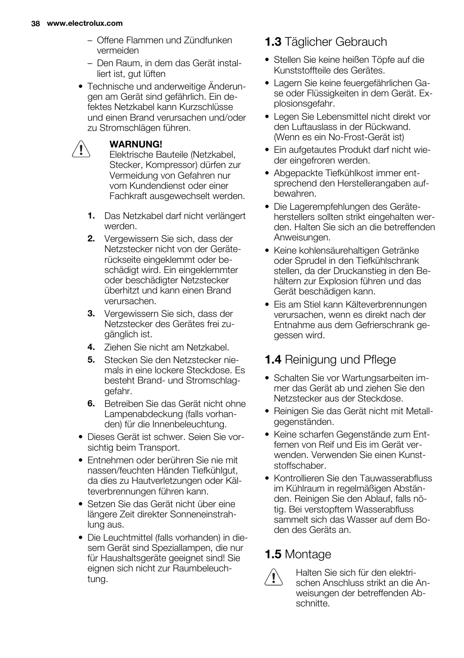 3 täglicher gebrauch, 4 reinigung und pflege, 5 montage | Electrolux ERG3093AOW User Manual | Page 38 / 56