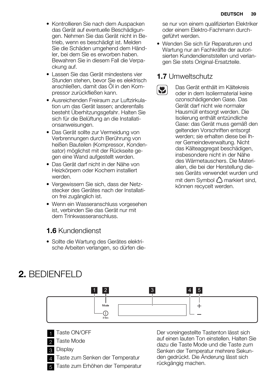 Bedienfeld, 6 kundendienst, 7 umweltschutz | Electrolux ERG3093AOW User Manual | Page 39 / 56