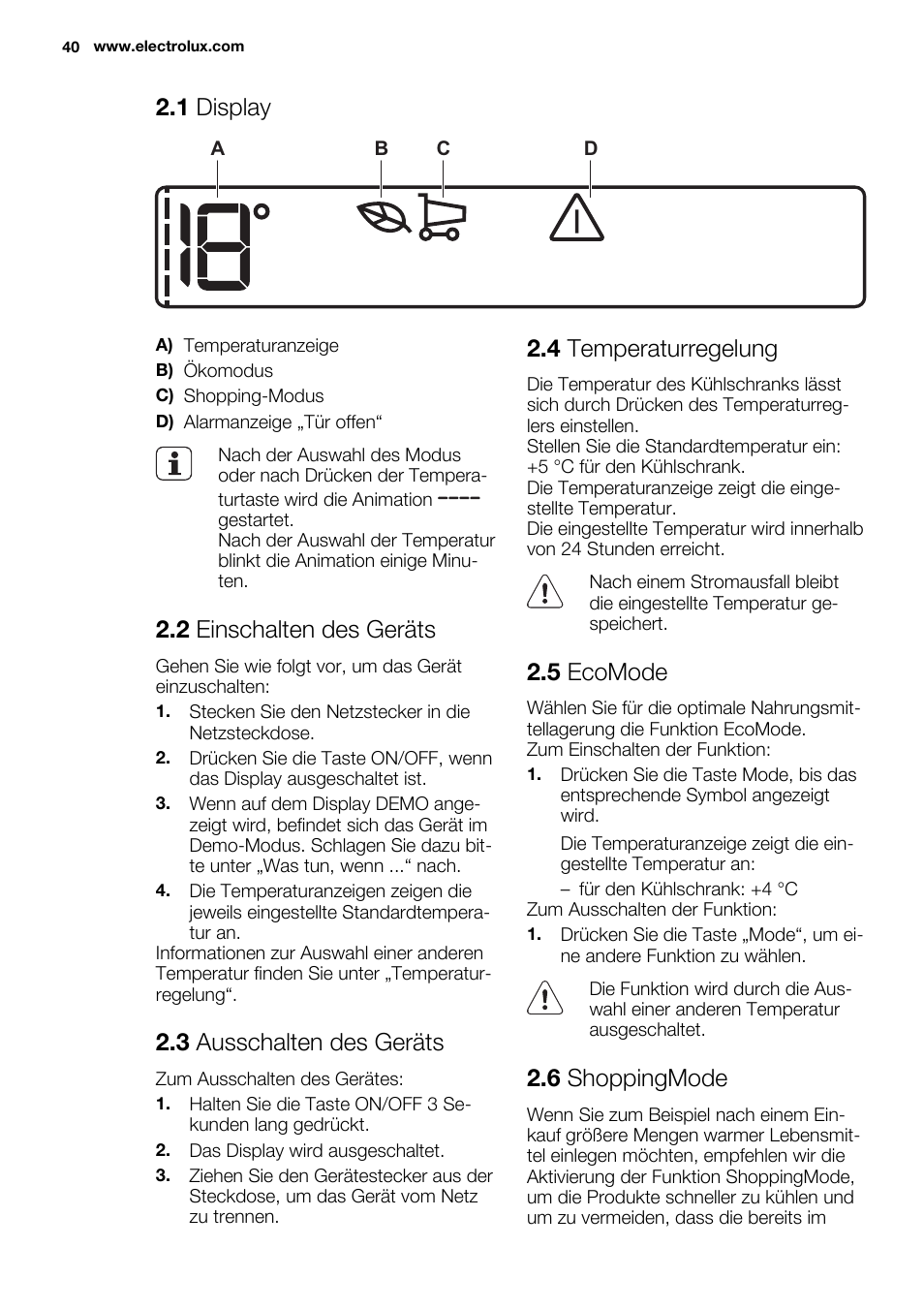 1 display, 2 einschalten des geräts, 3 ausschalten des geräts | 4 temperaturregelung, 5 ecomode, 6 shoppingmode | Electrolux ERG3093AOW User Manual | Page 40 / 56