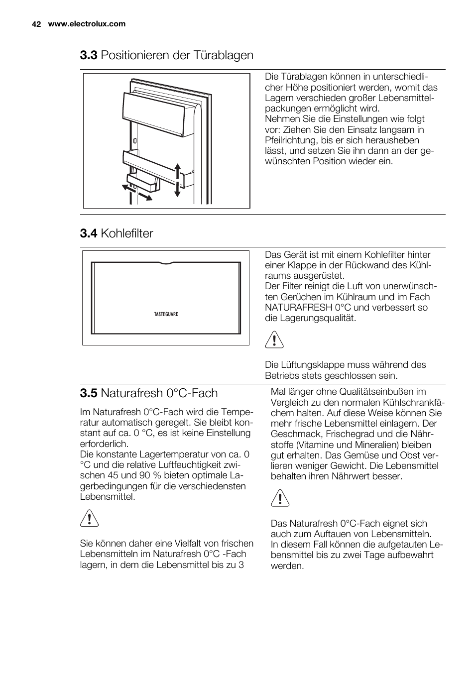 3 positionieren der türablagen, 4 kohlefilter, 5 naturafresh 0°c-fach | Electrolux ERG3093AOW User Manual | Page 42 / 56