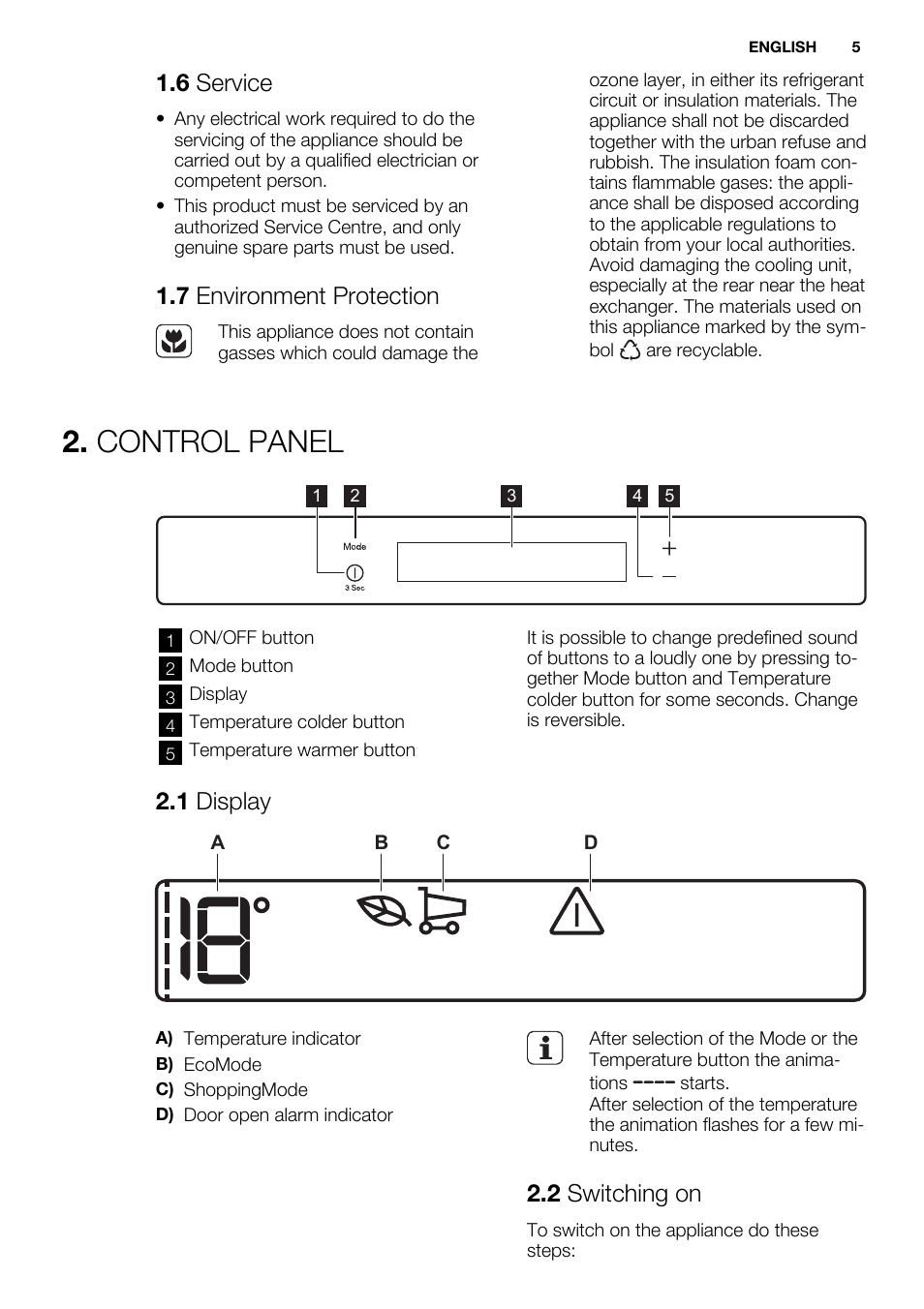 Control panel, 6 service, 7 environment protection | 1 display, 2 switching on | Electrolux ERG3093AOW User Manual | Page 5 / 56