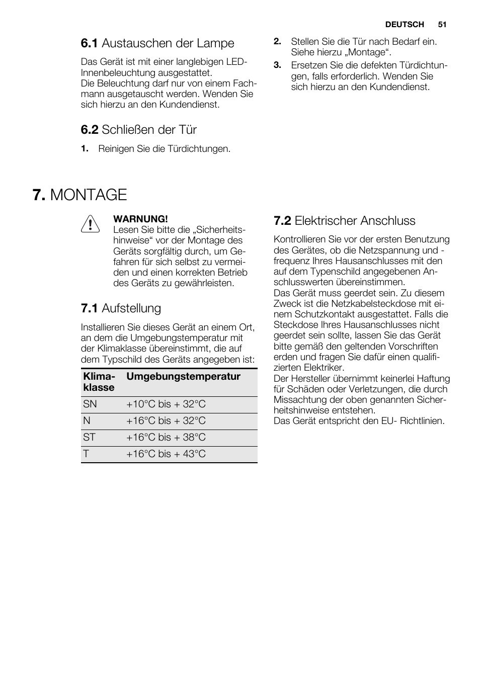 Montage, 1 austauschen der lampe, 2 schließen der tür | 1 aufstellung, 2 elektrischer anschluss | Electrolux ERG3093AOW User Manual | Page 51 / 56