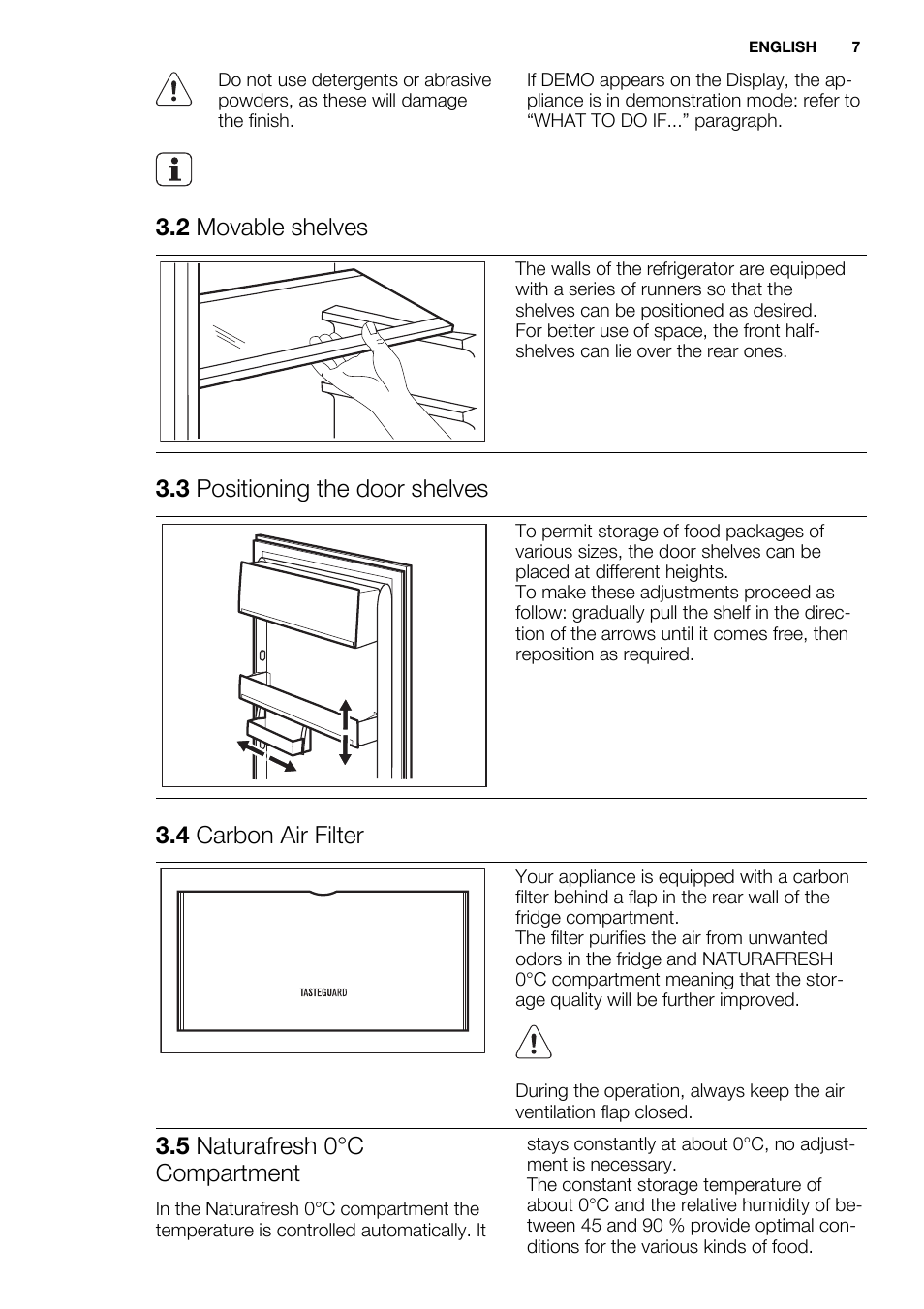 2 movable shelves, 3 positioning the door shelves, 4 carbon air filter | 5 naturafresh 0°c compartment | Electrolux ERG3093AOW User Manual | Page 7 / 56