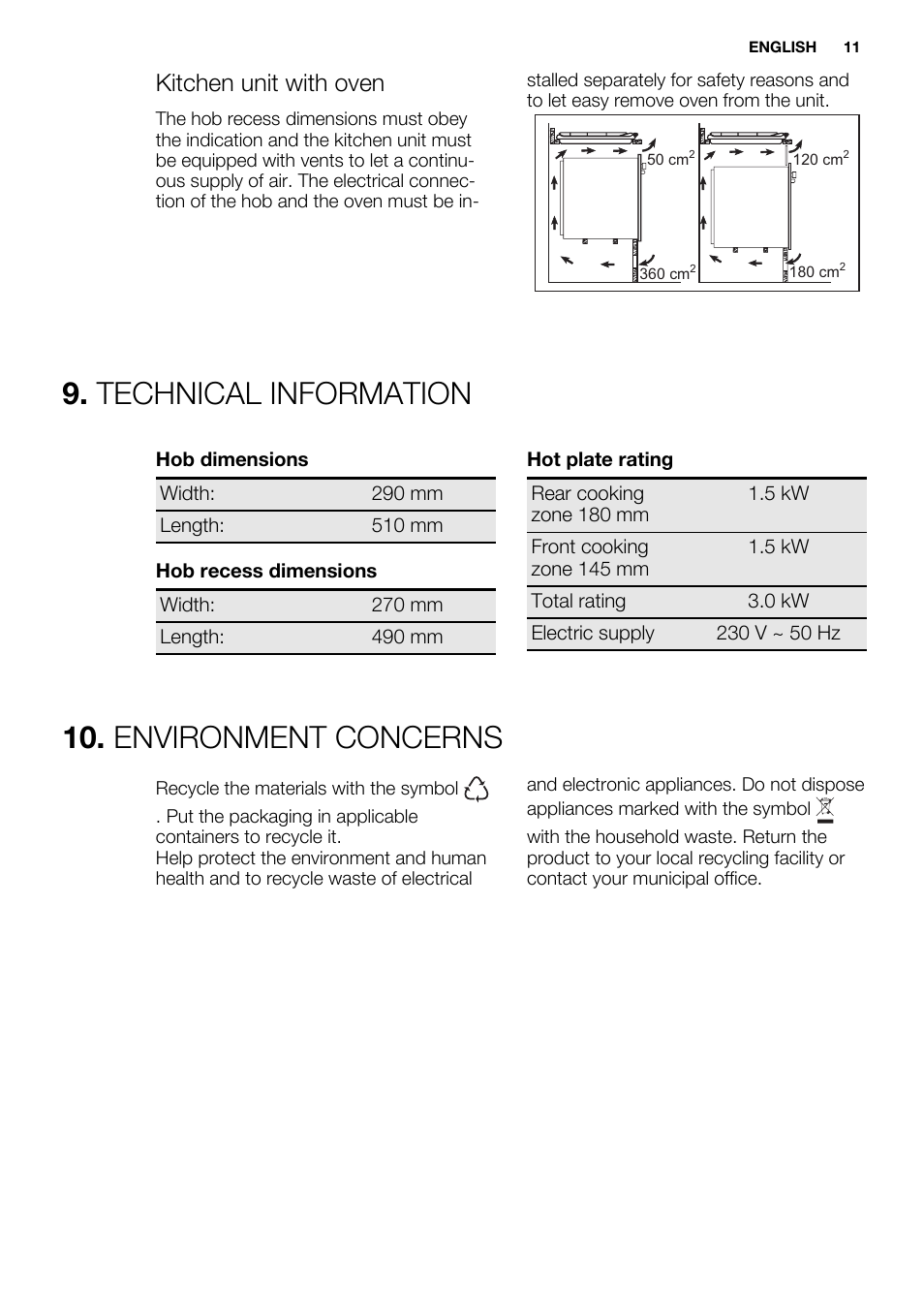 Technical information, Environment concerns, Kitchen unit with oven | Electrolux EHS3920HOX User Manual | Page 11 / 36