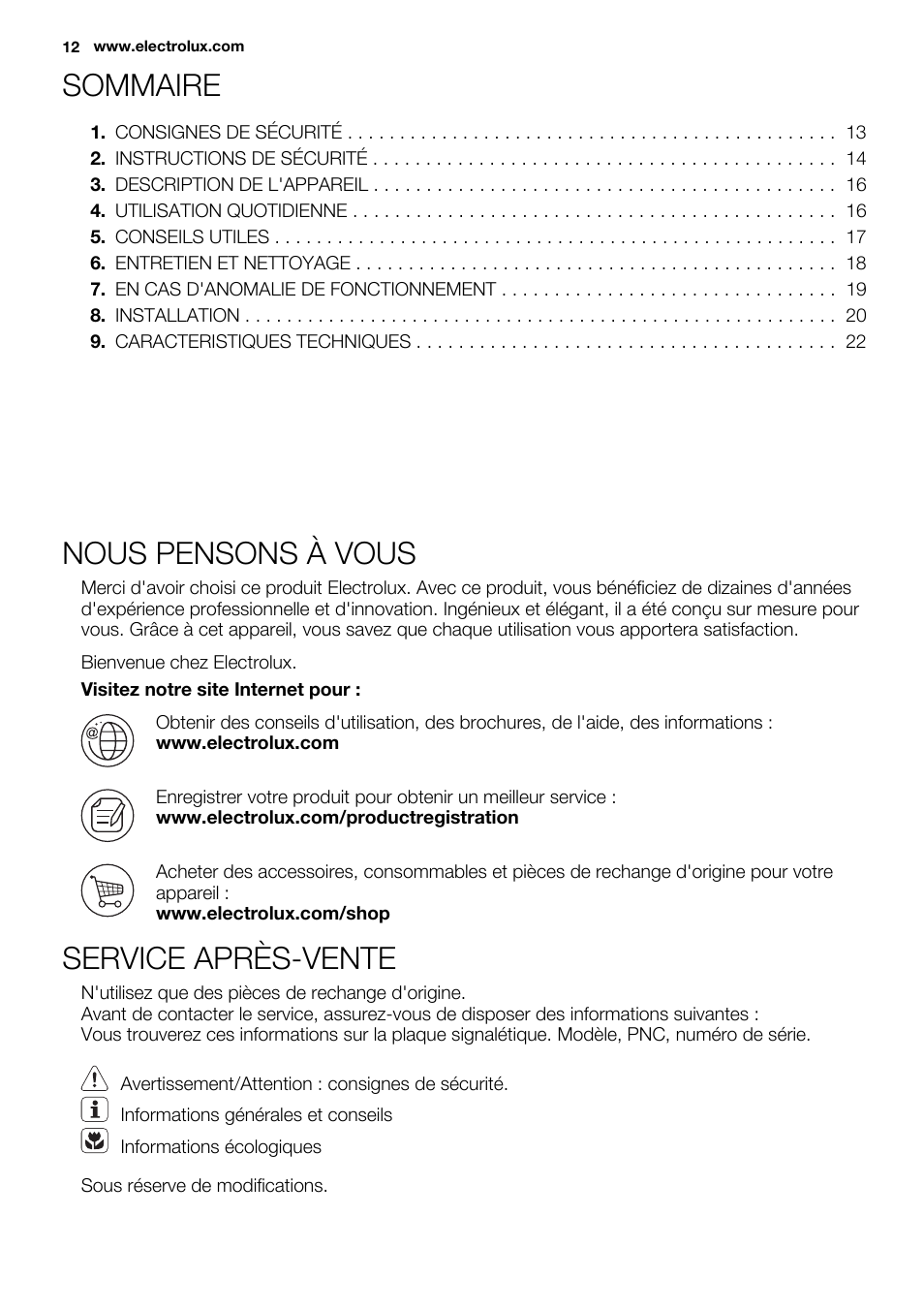 Sommaire, Nous pensons à vous, Service après-vente | Electrolux EHS3920HOX User Manual | Page 12 / 36