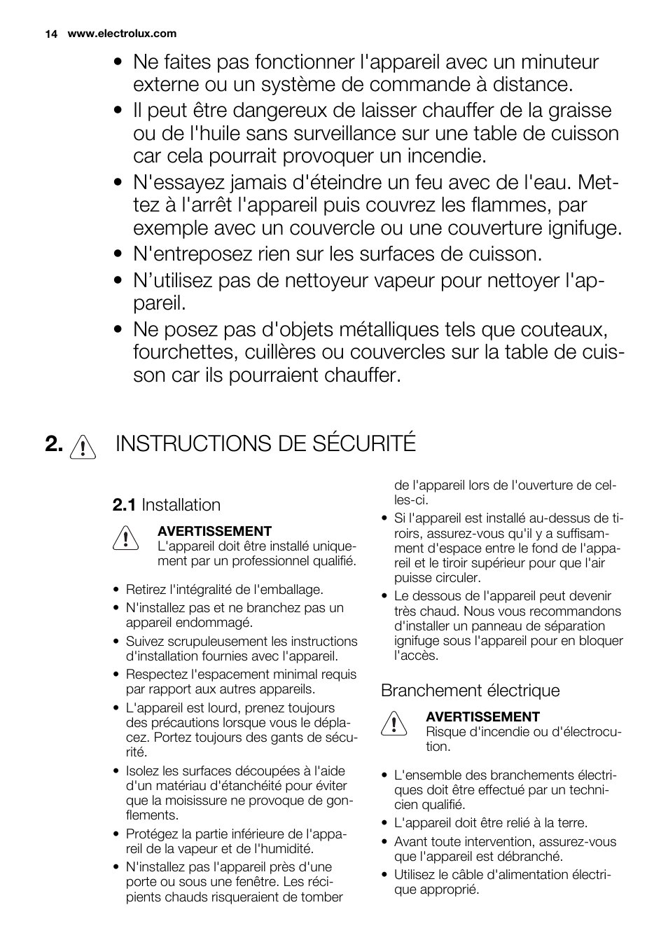 Instructions de sécurité | Electrolux EHS3920HOX User Manual | Page 14 / 36