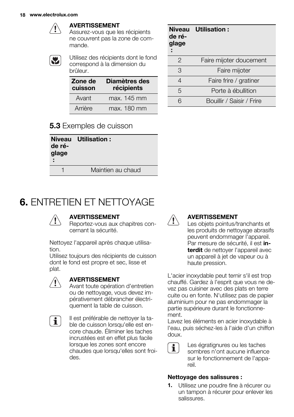 Entretien et nettoyage, 3 exemples de cuisson | Electrolux EHS3920HOX User Manual | Page 18 / 36