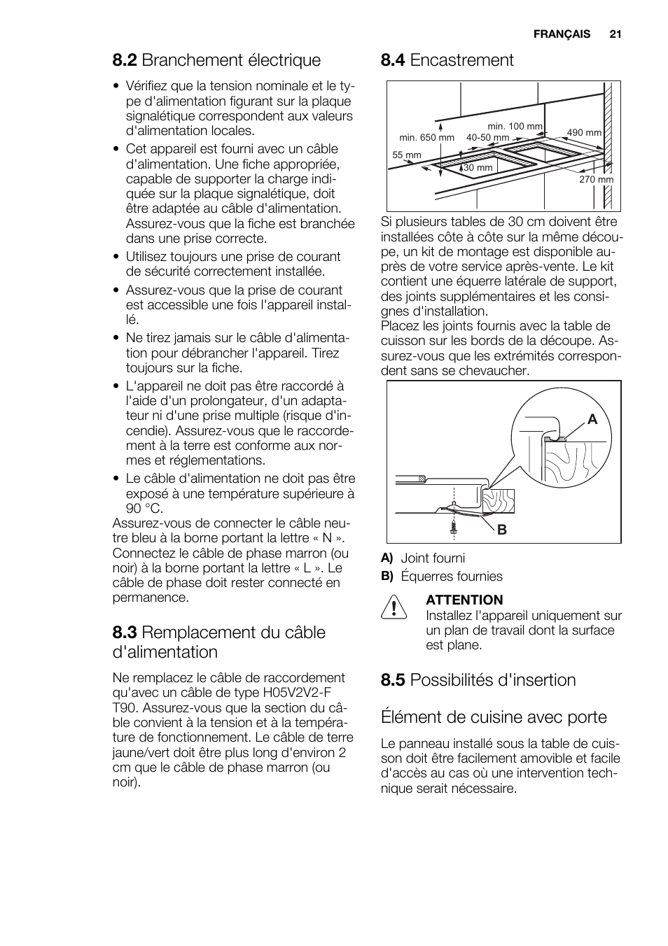 2 branchement électrique, 3 remplacement du câble d'alimentation, 4 encastrement | Electrolux EHS3920HOX User Manual | Page 21 / 36