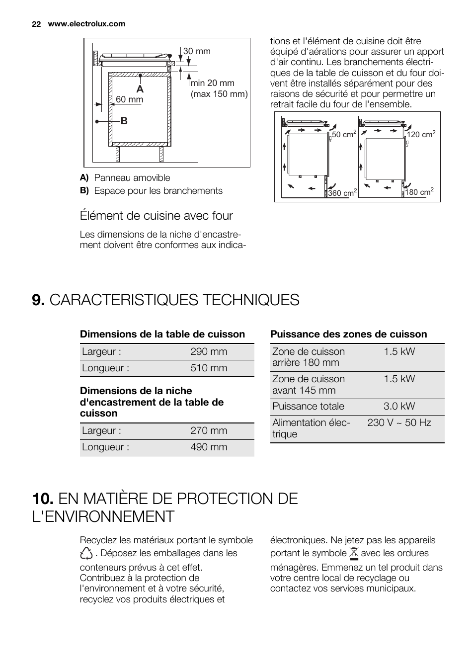 Caracteristiques techniques, En matière de protection de l'environnement, Élément de cuisine avec four | Electrolux EHS3920HOX User Manual | Page 22 / 36