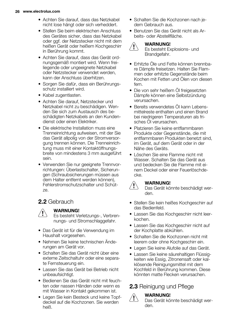 2 gebrauch, 3 reinigung und pflege | Electrolux EHS3920HOX User Manual | Page 26 / 36