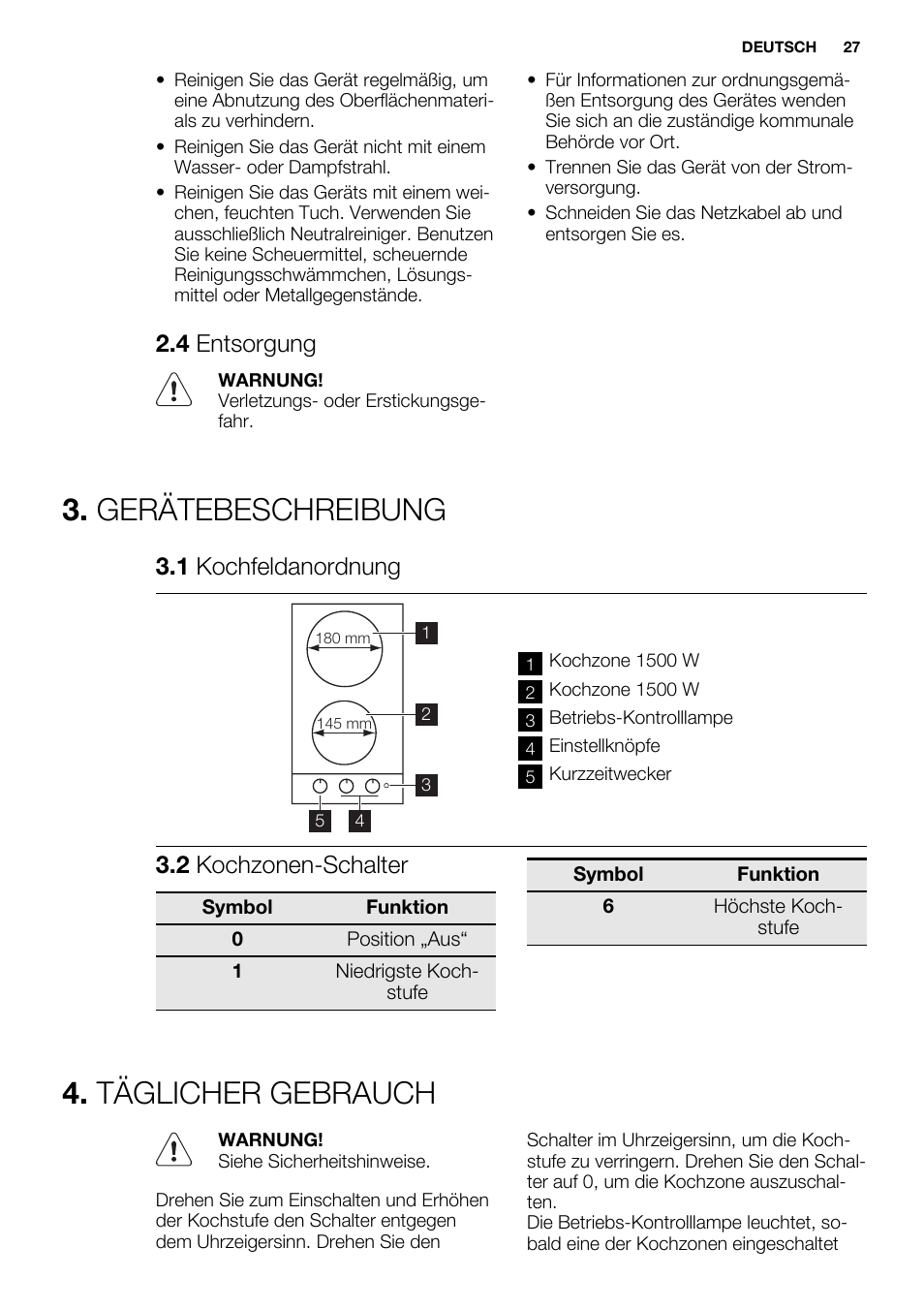 Gerätebeschreibung, Täglicher gebrauch, 4 entsorgung | 1 kochfeldanordnung, 2 kochzonen-schalter | Electrolux EHS3920HOX User Manual | Page 27 / 36