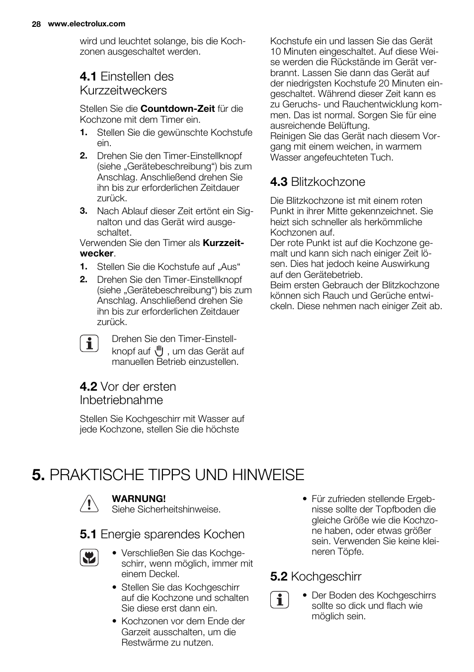 Praktische tipps und hinweise, 1 einstellen des kurzzeitweckers, 2 vor der ersten inbetriebnahme | 3 blitzkochzone, 1 energie sparendes kochen, 2 kochgeschirr | Electrolux EHS3920HOX User Manual | Page 28 / 36