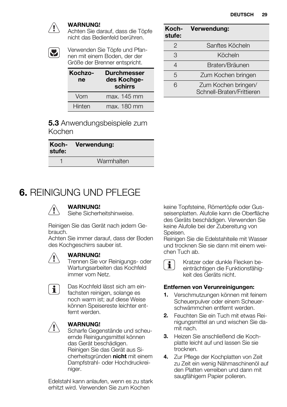 Reinigung und pflege, 3 anwendungsbeispiele zum kochen | Electrolux EHS3920HOX User Manual | Page 29 / 36