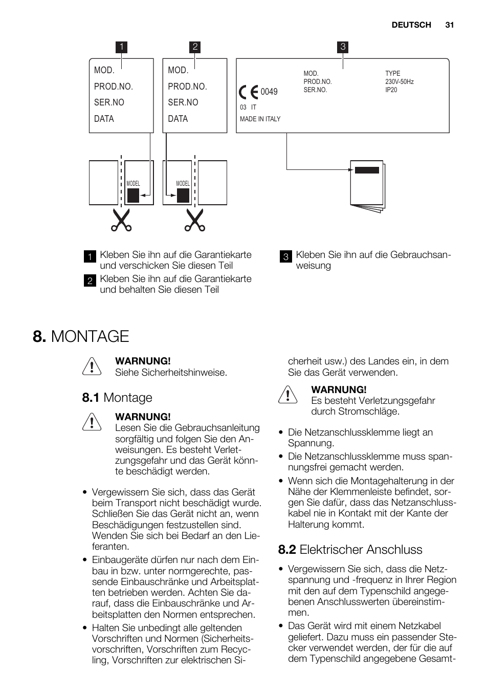 Montage, 1 montage, 2 elektrischer anschluss | Electrolux EHS3920HOX User Manual | Page 31 / 36