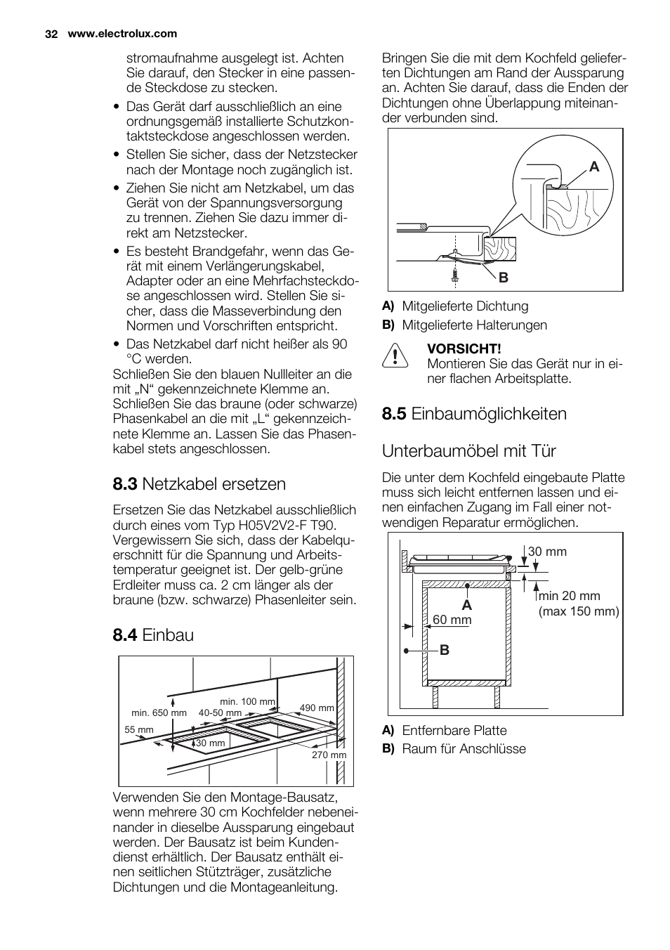 3 netzkabel ersetzen, 4 einbau, 5 einbaumöglichkeiten unterbaumöbel mit tür | Electrolux EHS3920HOX User Manual | Page 32 / 36