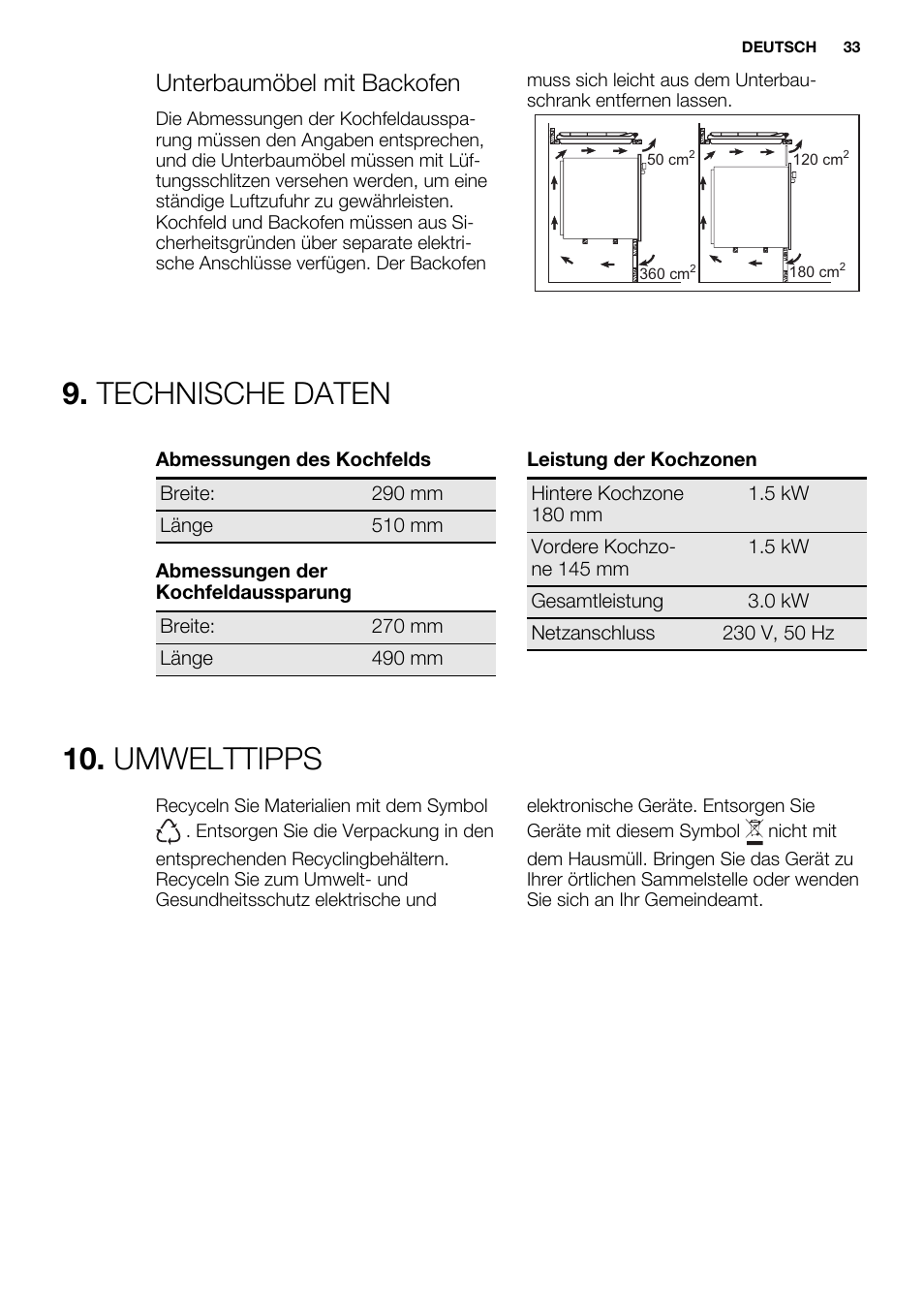 Technische daten, Umwelttipps, Unterbaumöbel mit backofen | Electrolux EHS3920HOX User Manual | Page 33 / 36