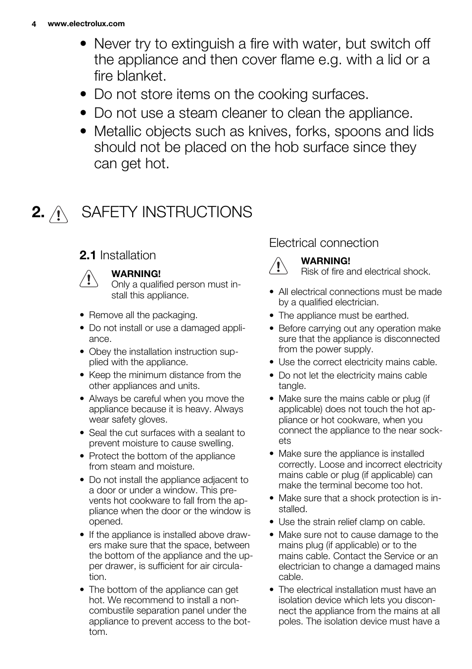 Safety instructions, 1 installation, Electrical connection | Electrolux EHS3920HOX User Manual | Page 4 / 36