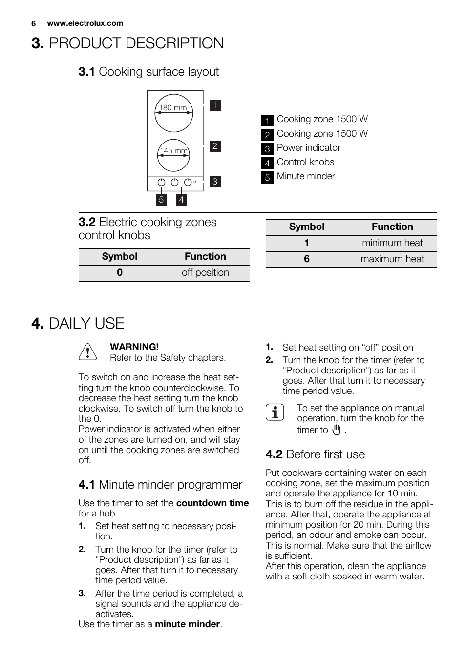 Product description, Daily use, 1 cooking surface layout | 2 electric cooking zones control knobs, 1 minute minder programmer, 2 before first use | Electrolux EHS3920HOX User Manual | Page 6 / 36