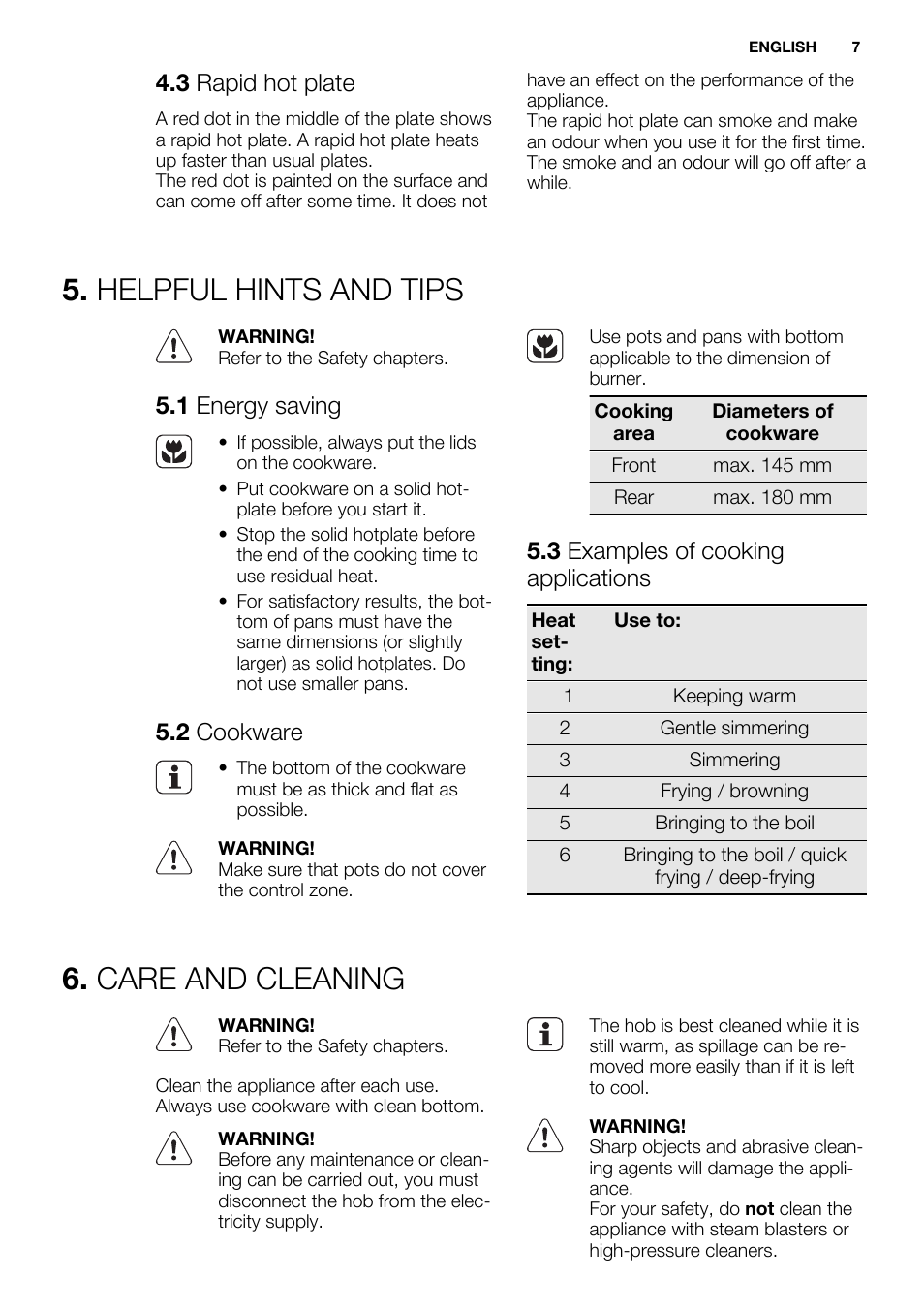 Helpful hints and tips, Care and cleaning, 3 rapid hot plate | 1 energy saving, 2 cookware, 3 examples of cooking applications | Electrolux EHS3920HOX User Manual | Page 7 / 36