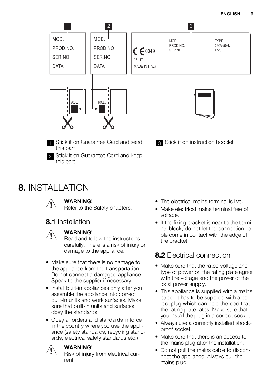 Installation, 1 installation, 2 electrical connection | Electrolux EHS3920HOX User Manual | Page 9 / 36