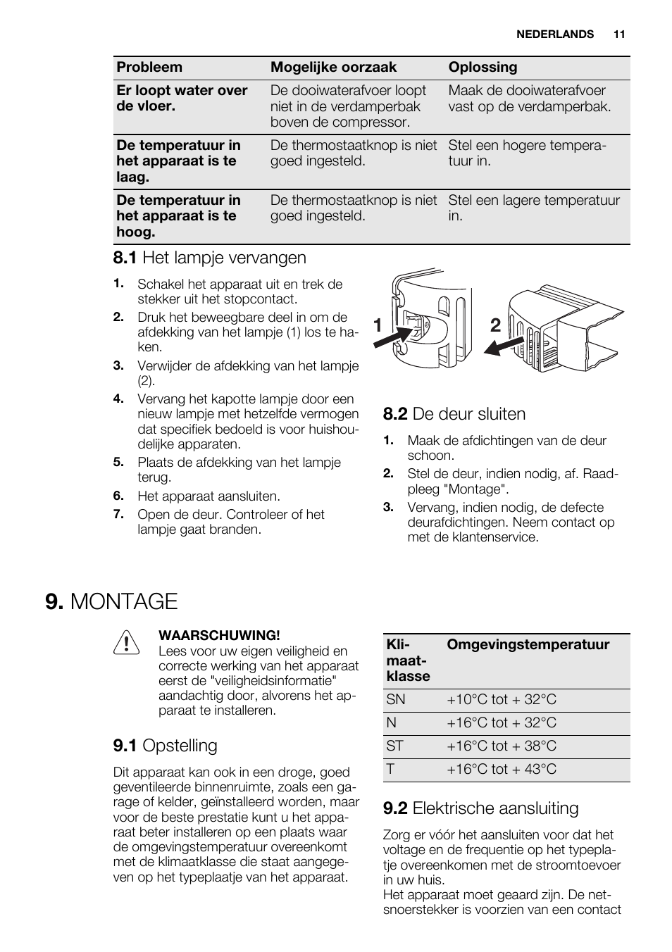Montage, 1 het lampje vervangen, 2 de deur sluiten | 1 opstelling, 2 elektrische aansluiting | Electrolux ERG1501AOW User Manual | Page 11 / 56