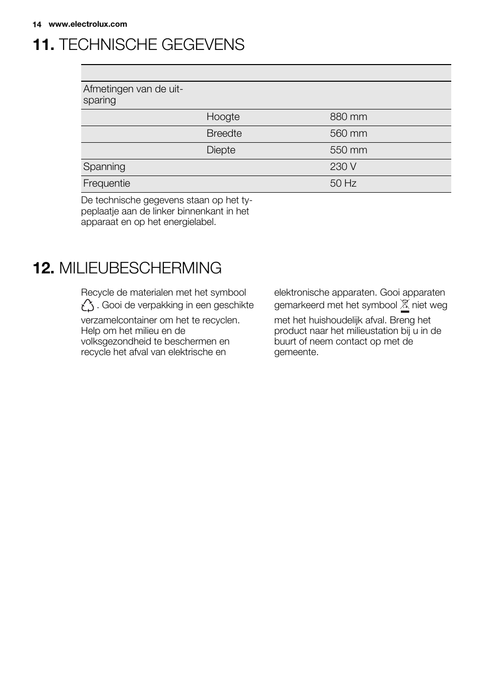 Technische gegevens, Milieubescherming | Electrolux ERG1501AOW User Manual | Page 14 / 56