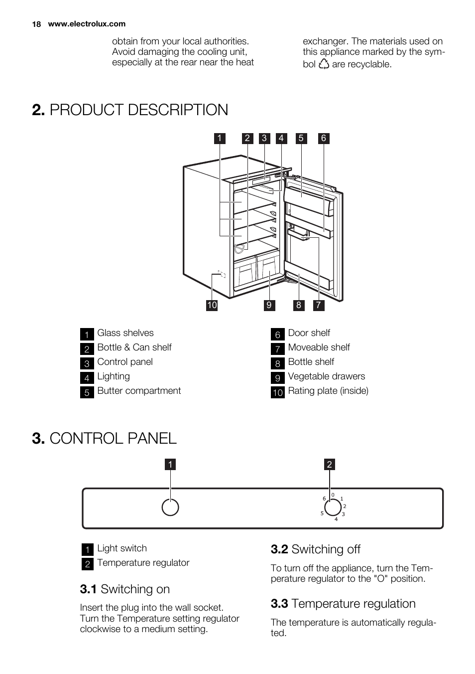 Product description, Control panel, 1 switching on | 2 switching off, 3 temperature regulation | Electrolux ERG1501AOW User Manual | Page 18 / 56