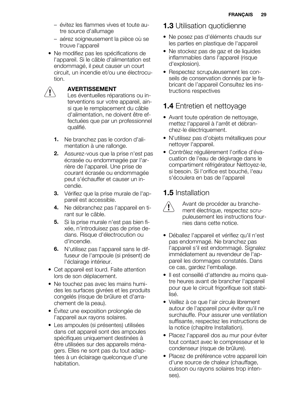 3 utilisation quotidienne, 4 entretien et nettoyage, 5 installation | Electrolux ERG1501AOW User Manual | Page 29 / 56