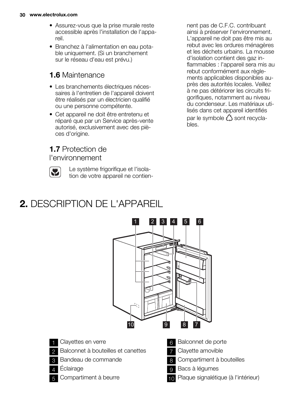 Description de l'appareil, 6 maintenance, 7 protection de l'environnement | Electrolux ERG1501AOW User Manual | Page 30 / 56