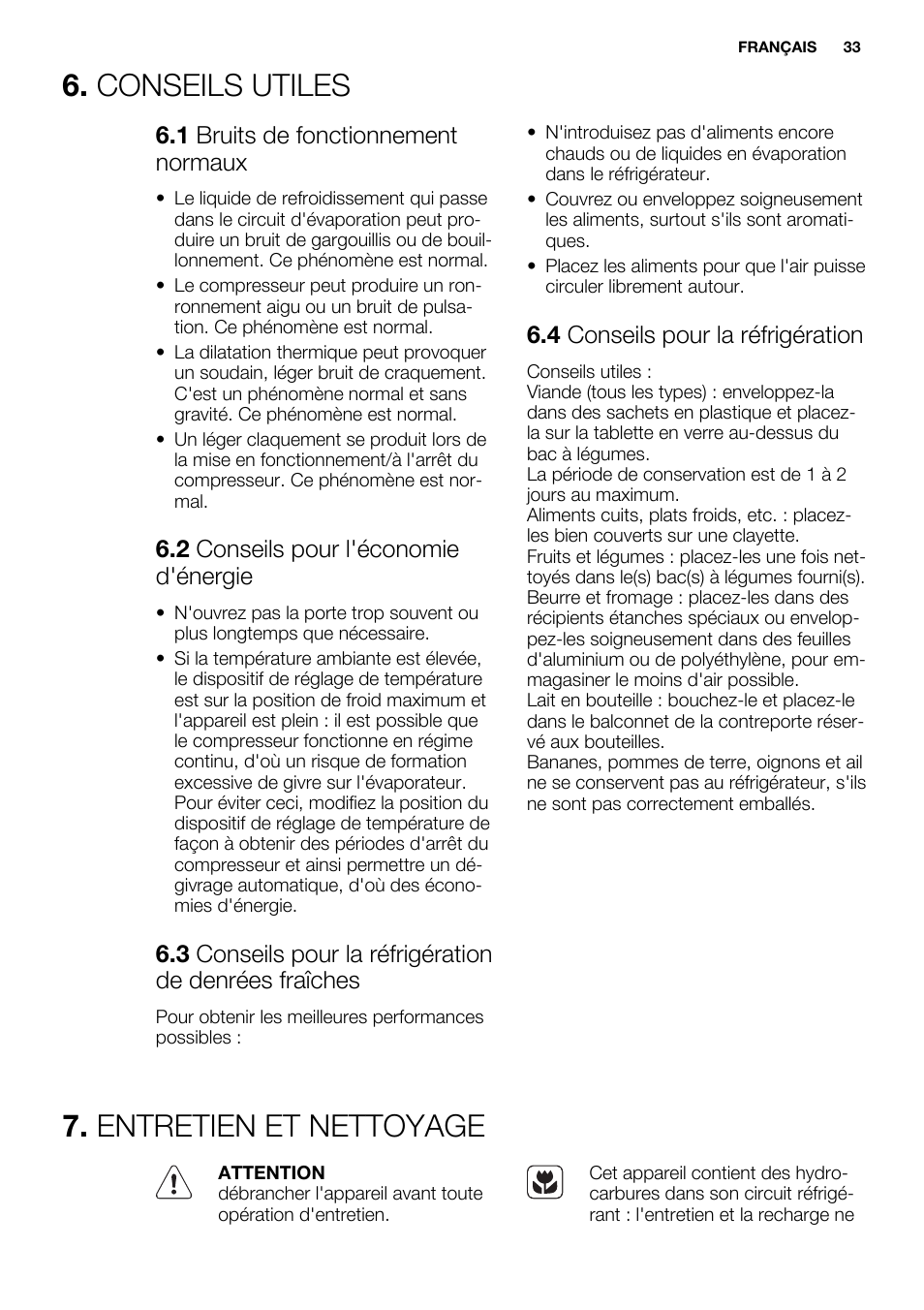 Conseils utiles, Entretien et nettoyage, 1 bruits de fonctionnement normaux | 2 conseils pour l'économie d'énergie, 4 conseils pour la réfrigération | Electrolux ERG1501AOW User Manual | Page 33 / 56