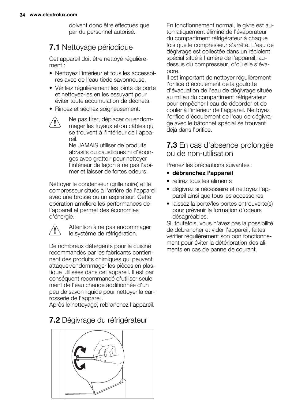 1 nettoyage périodique, 2 dégivrage du réfrigérateur, 3 en cas d'absence prolongée ou de non-utilisation | Electrolux ERG1501AOW User Manual | Page 34 / 56