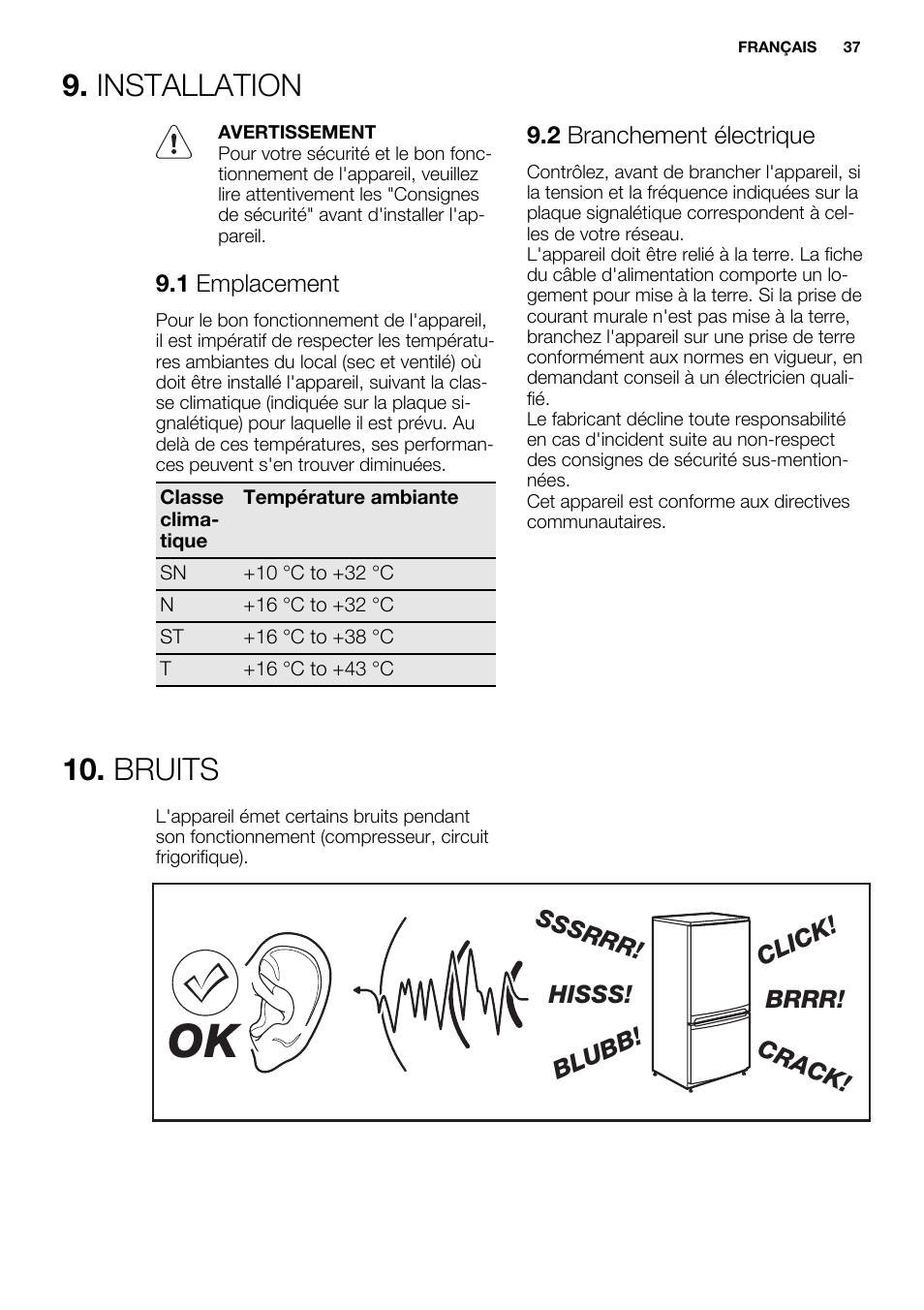 Installation, Bruits | Electrolux ERG1501AOW User Manual | Page 37 / 56