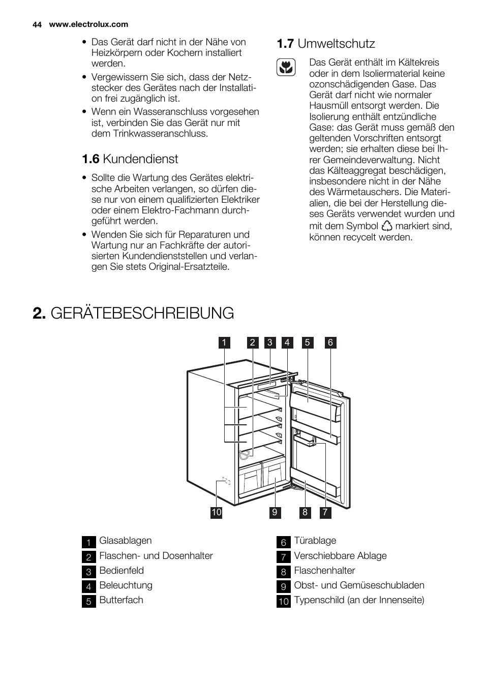 Gerätebeschreibung, 6 kundendienst, 7 umweltschutz | Electrolux ERG1501AOW User Manual | Page 44 / 56