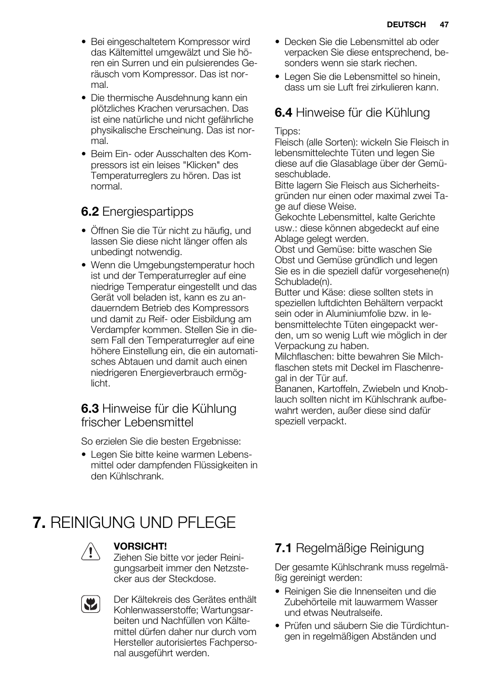 Reinigung und pflege, 2 energiespartipps, 3 hinweise für die kühlung frischer lebensmittel | 4 hinweise für die kühlung, 1 regelmäßige reinigung | Electrolux ERG1501AOW User Manual | Page 47 / 56