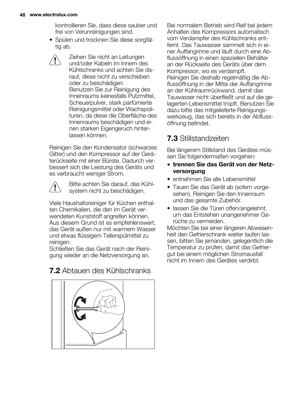 2 abtauen des kühlschranks, 3 stillstandzeiten | Electrolux ERG1501AOW User Manual | Page 48 / 56