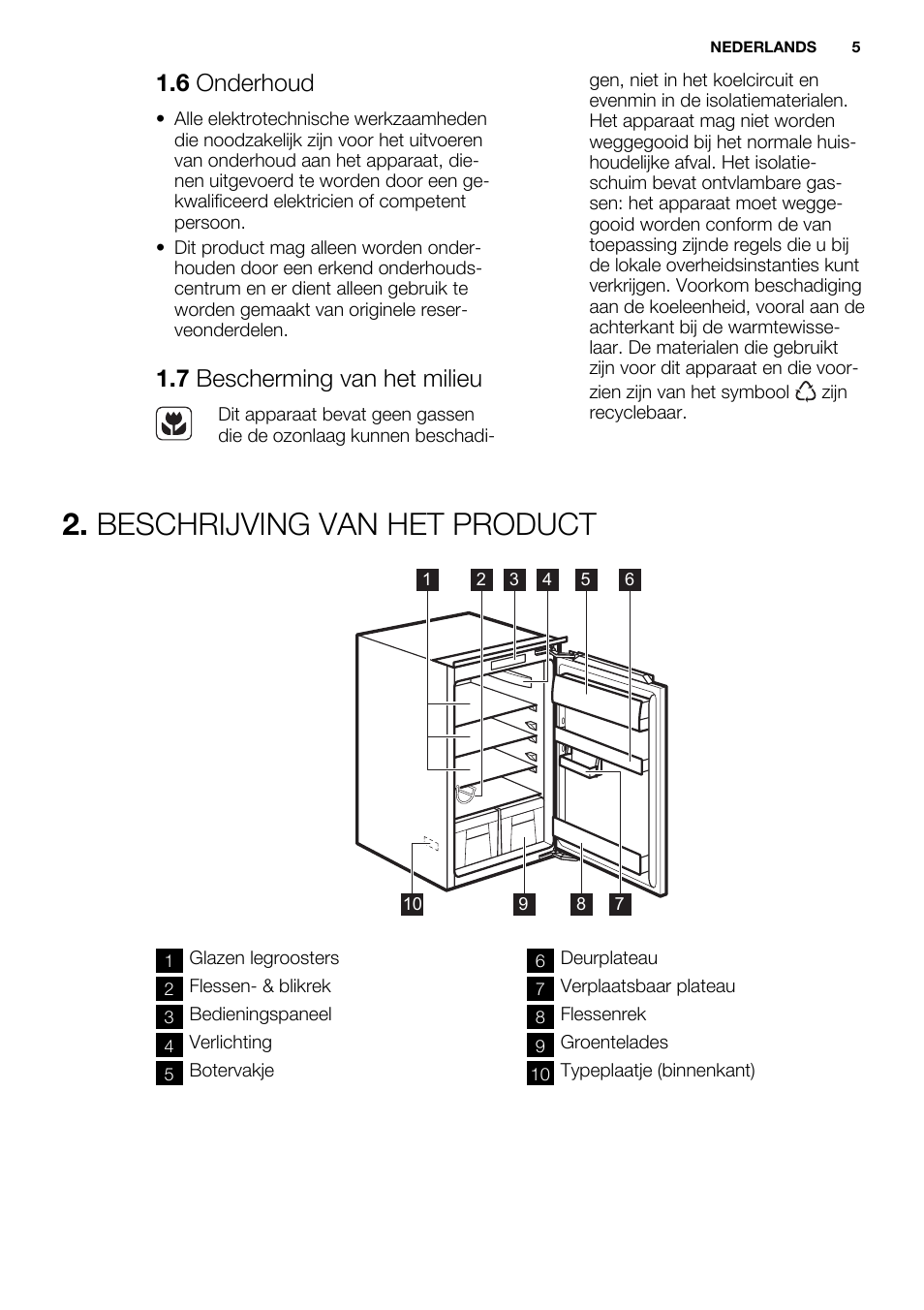 Beschrijving van het product, 6 onderhoud, 7 bescherming van het milieu | Electrolux ERG1501AOW User Manual | Page 5 / 56