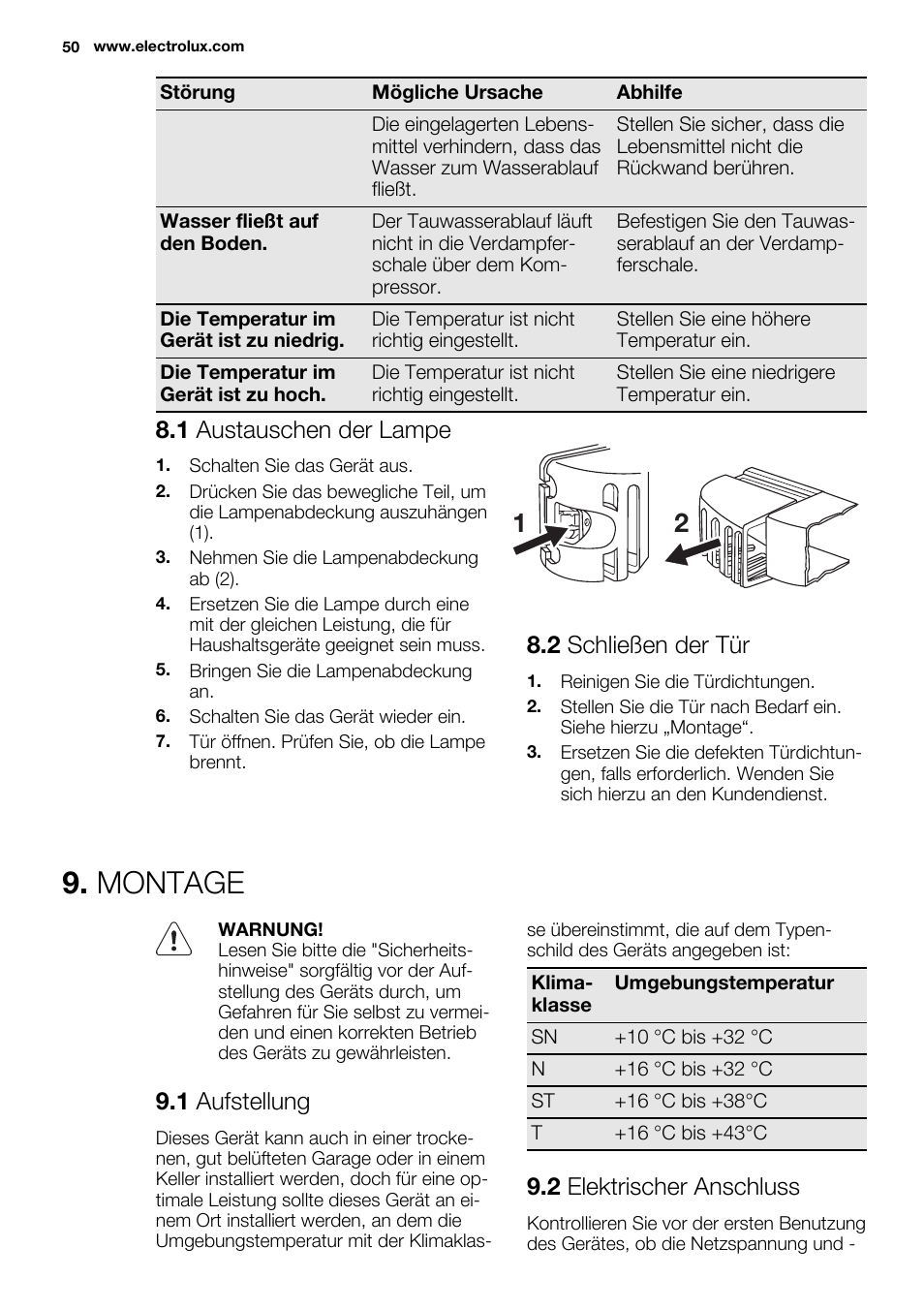 Montage, 1 austauschen der lampe, 2 schließen der tür | 1 aufstellung, 2 elektrischer anschluss | Electrolux ERG1501AOW User Manual | Page 50 / 56
