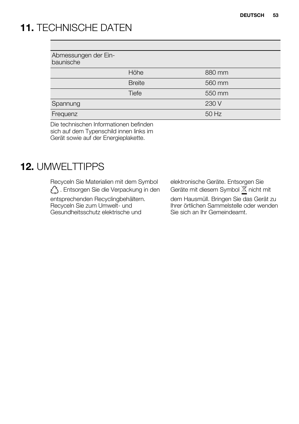 Technische daten, Umwelttipps | Electrolux ERG1501AOW User Manual | Page 53 / 56