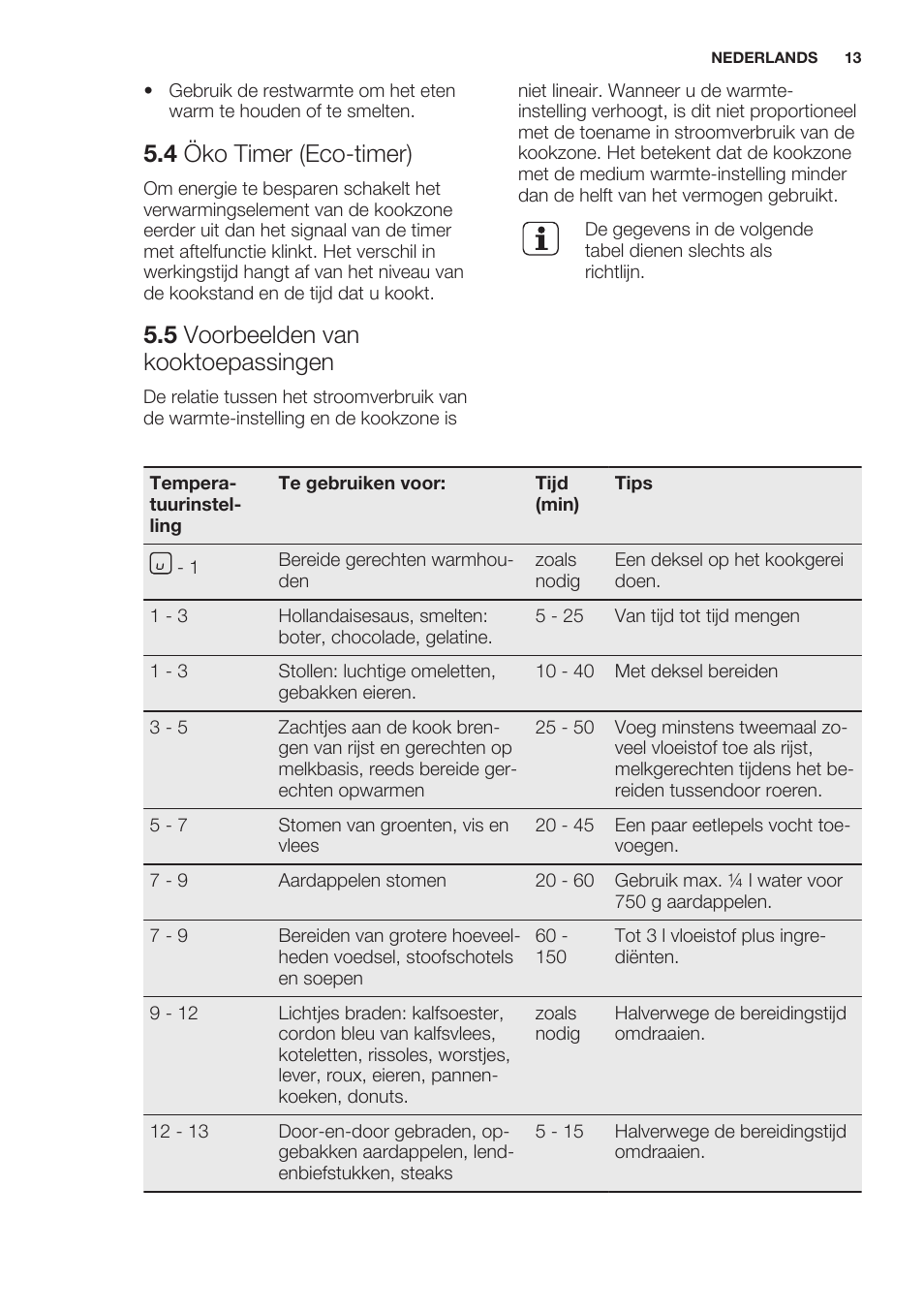 4 öko timer (eco-timer), 5 voorbeelden van kooktoepassingen | Electrolux EHL7640FOK User Manual | Page 13 / 76
