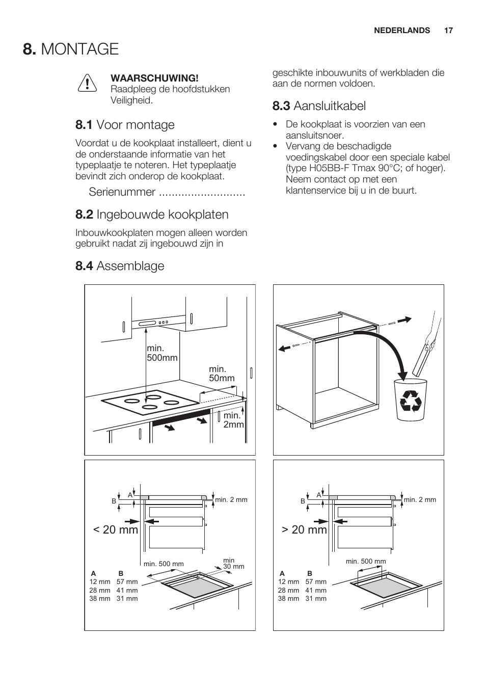 1 voor montage, 2 ingebouwde kookplaten, 3 aansluitkabel | 4 assemblage, Montage, Serienummer, 20 mm | Electrolux EHL7640FOK User Manual | Page 17 / 76
