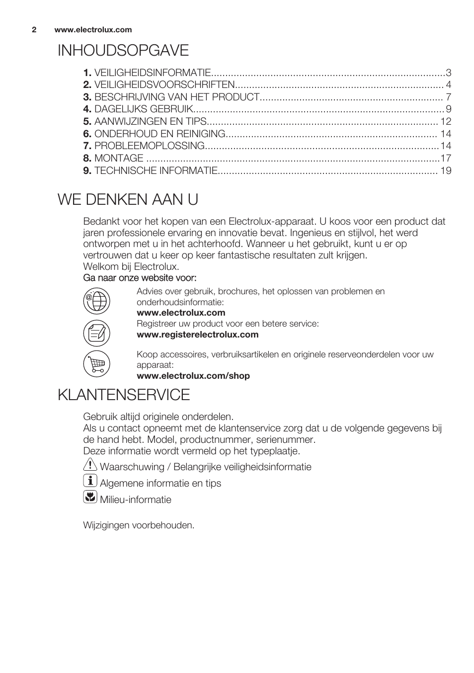 Inhoudsopgave, Gebruiksaanwijzing, We denken aan u | Klantenservice | Electrolux EHL7640FOK User Manual | Page 2 / 76