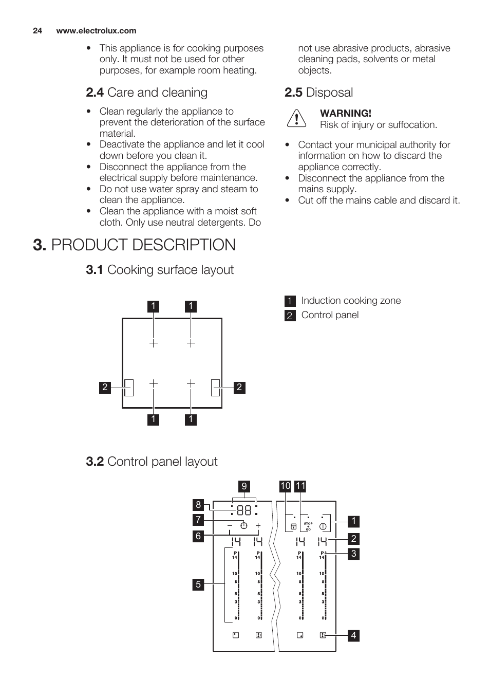 4 care and cleaning, 5 disposal, Product description | 1 cooking surface layout, 2 control panel layout | Electrolux EHL7640FOK User Manual | Page 24 / 76